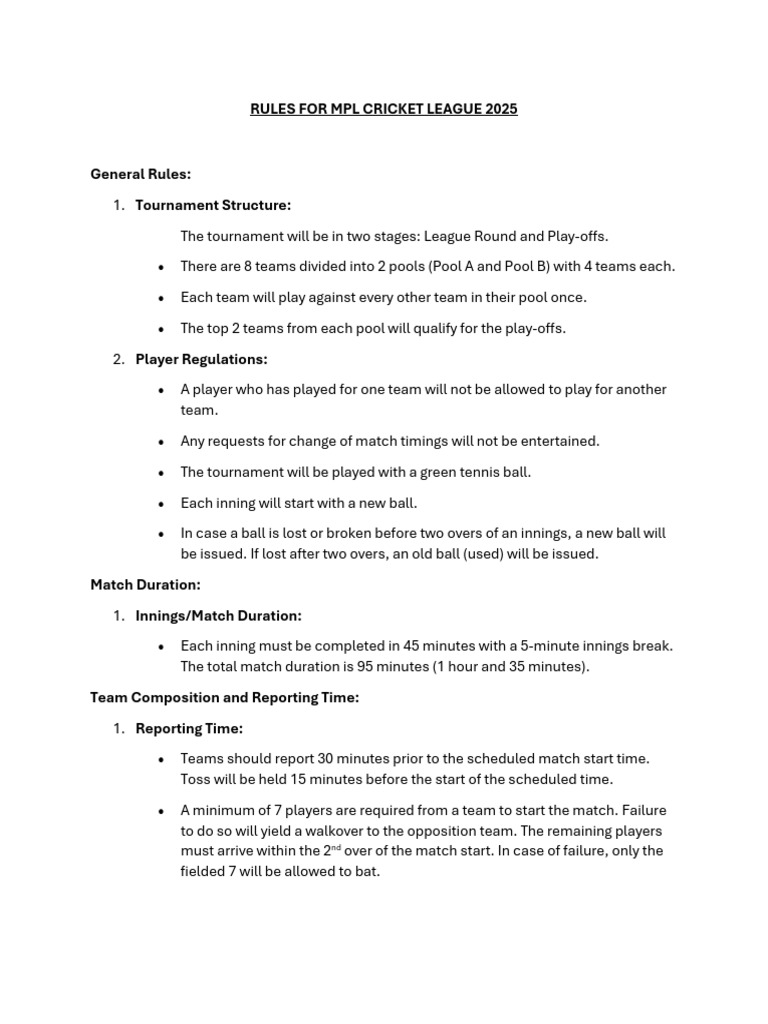 MPL Cricket League 2025 Rules | PDF | Bowling (Cricket) | Ball And Bat ...