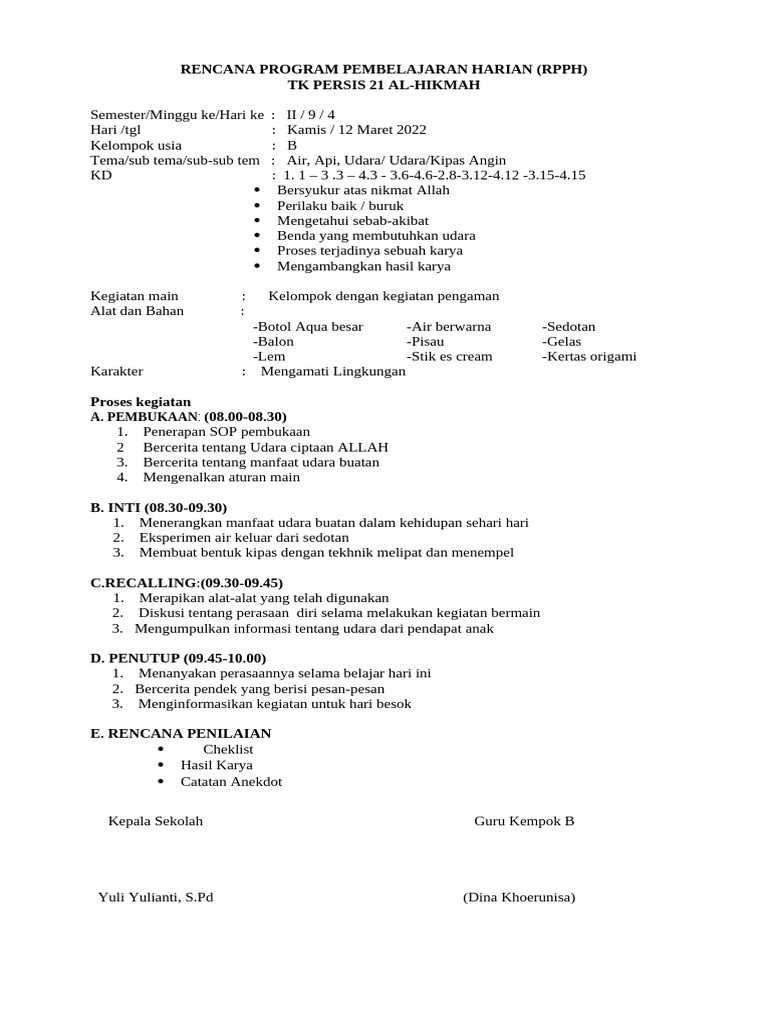 RPPH Tema Udara untuk TK B | PDF