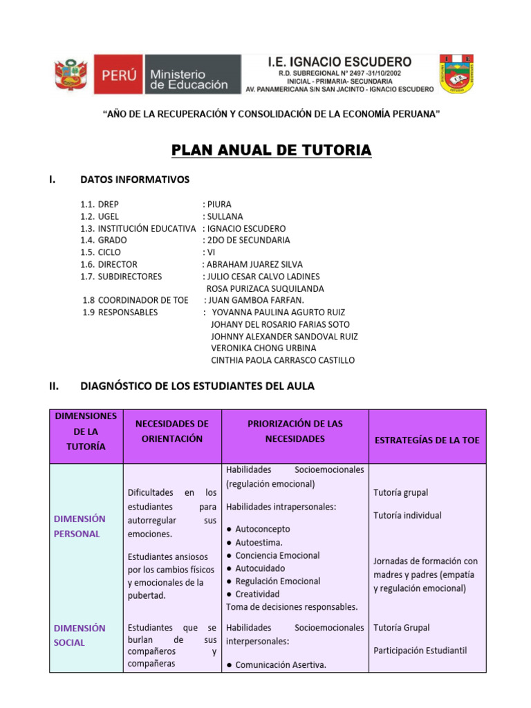 Plan Anual de Tutoría 2025 Secundaria | PDF | Las emociones ...