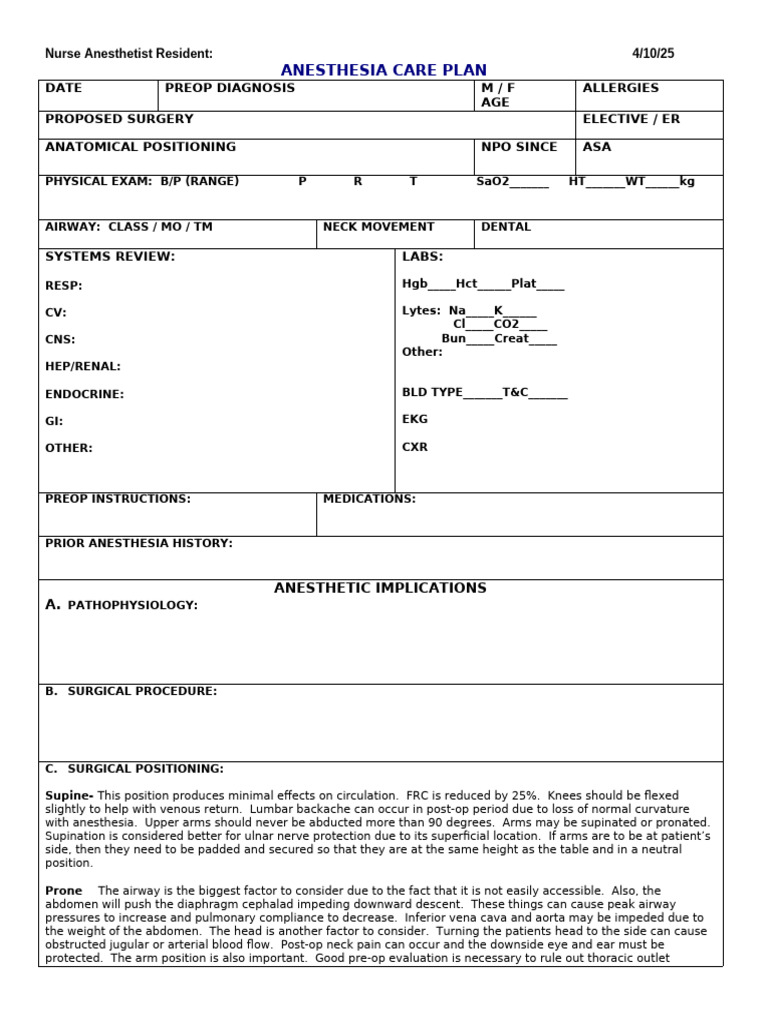 Anesthesia Care Plan Template | PDF | Thorax | Anesthesia