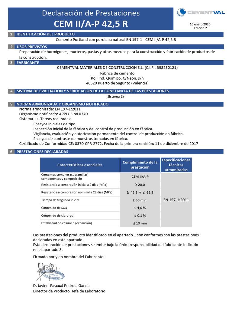 Declaración de Prestaciones CEM II/A-P 42,5 R | PDF | Cemento ...