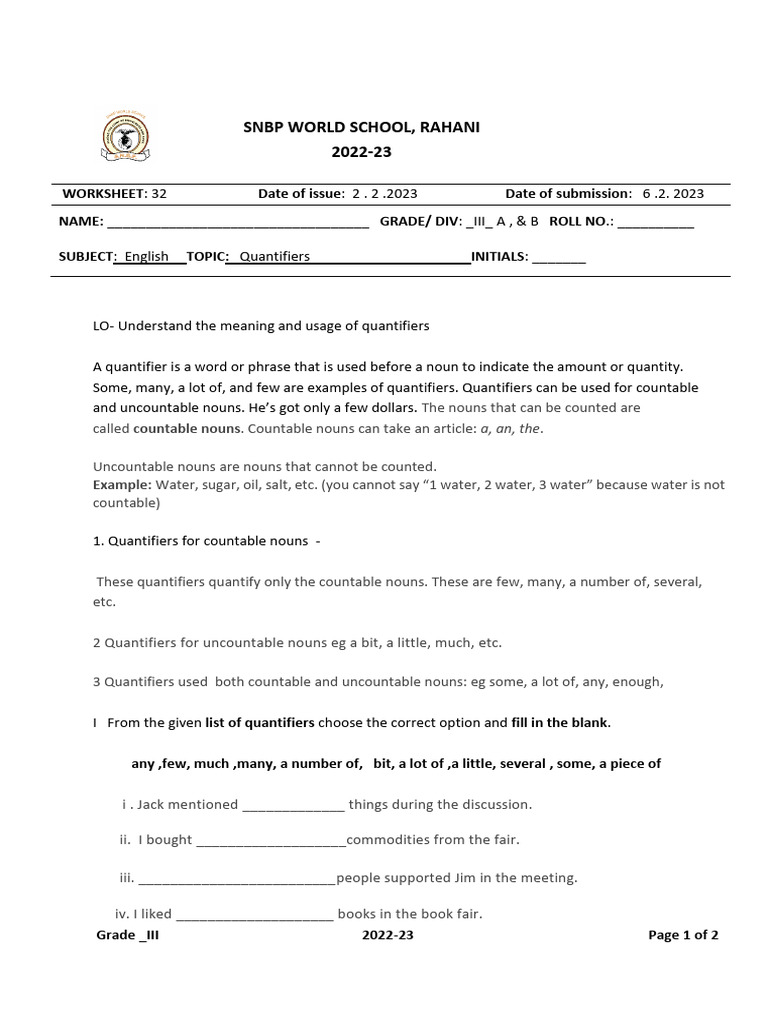 Grade 3 Quantifiers Worksheet | PDF | Noun | Quantity