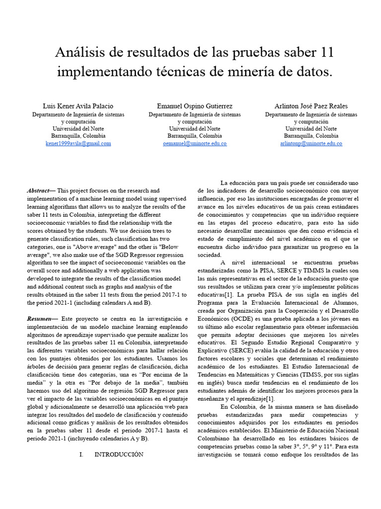 Análisis de Pruebas Saber 11 con ML | PDF | Programa para la Evaluación ...