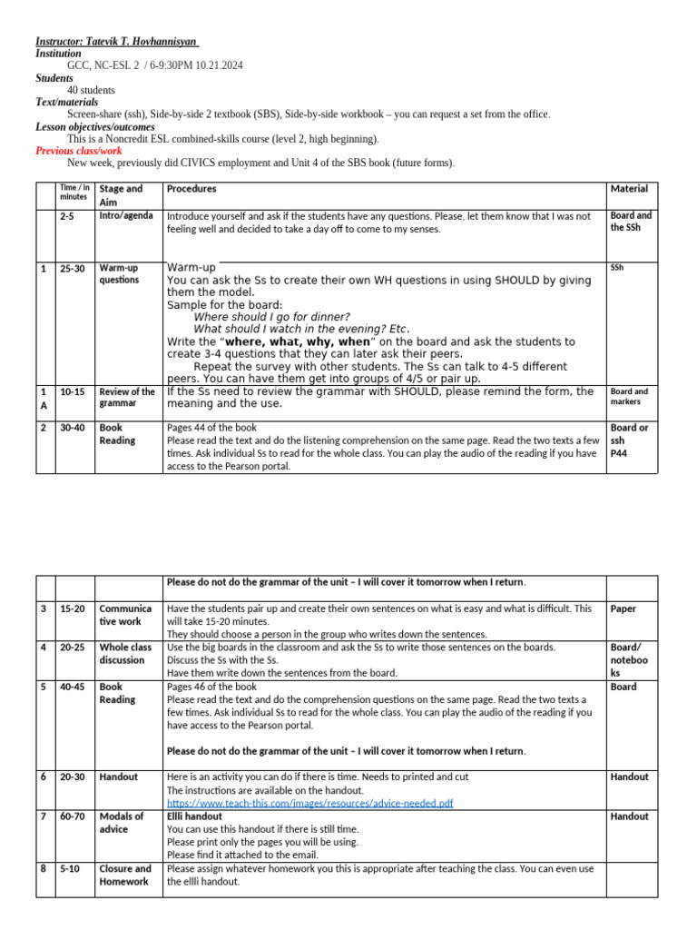 SUB - 10.21.2024 - Lesson Plan | PDF | Education Theory | Pedagogy