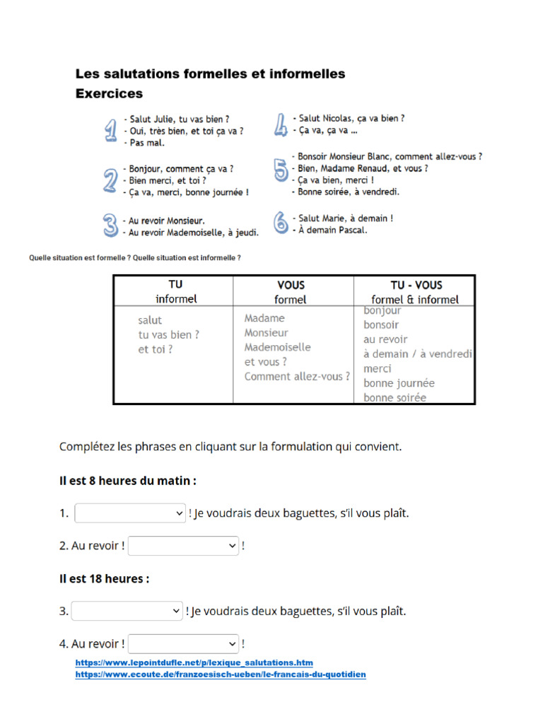 Salutations formelles et informelles en français | PDF