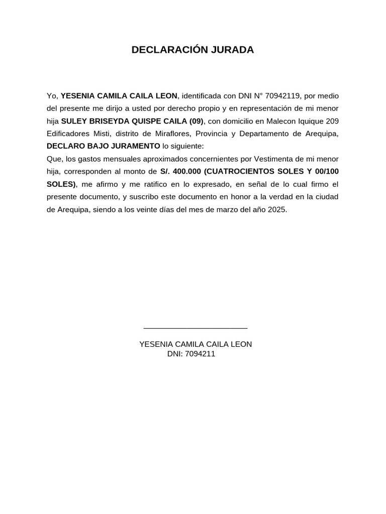Declaración Jurada de Gastos Mensuales | PDF