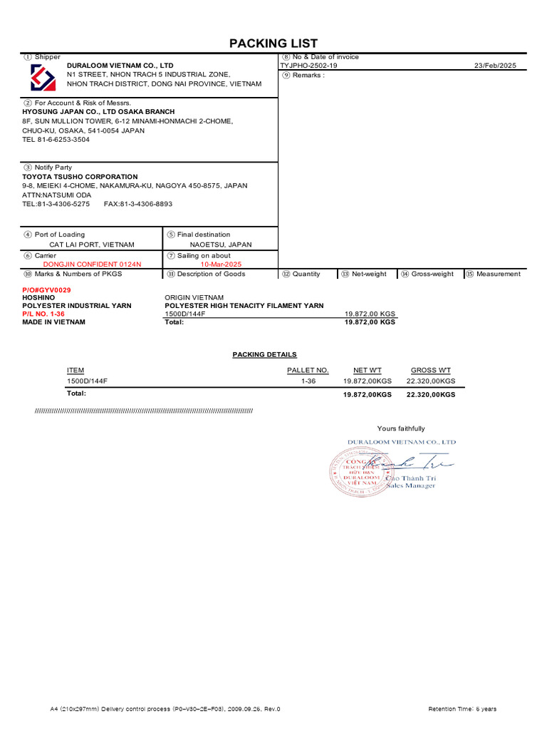 Duraloom Shipment Details to Japan | PDF