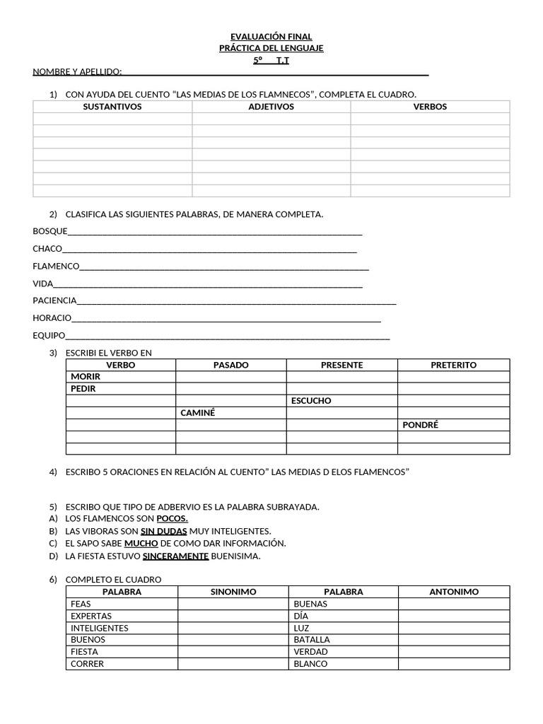 Evaluación de Lenguaje para 5° Grado | PDF