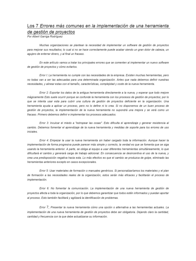 7 Errores en la Implementación de Software de Proyectos | PDF ...