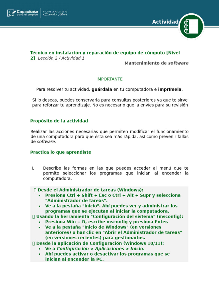 Mantenimiento de Software en PC: Guía Práctica | PDF | Archivo de ...