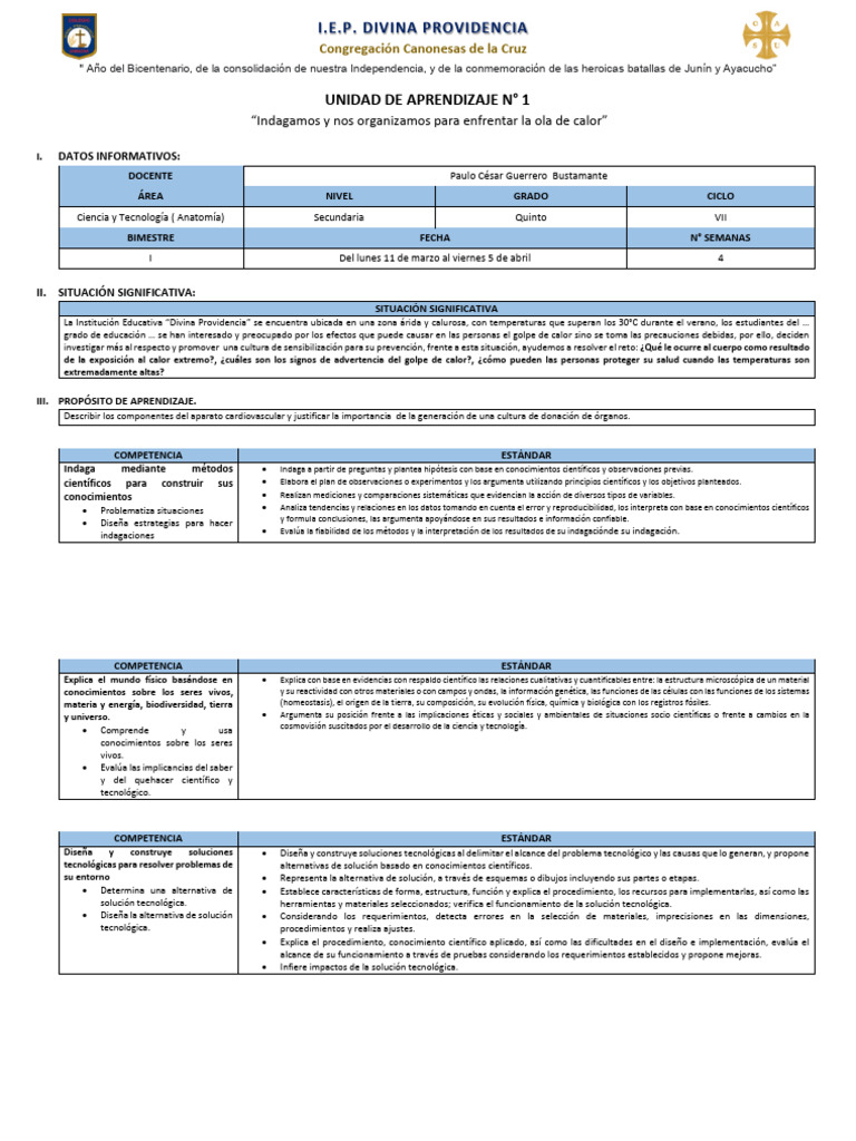 Unidad de Aprendizaje 01 Anatomia 5to | PDF | Evaluación | Aprendizaje