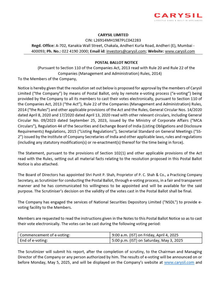 Carysil Limited Postal Ballot Notice 2025 | PDF | Login | Electronic Voting
