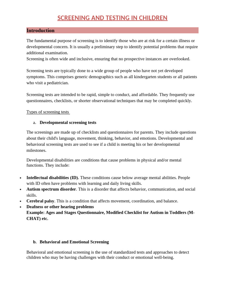 Child Screening and Testing Overview | PDF | Medical Diagnosis ...
