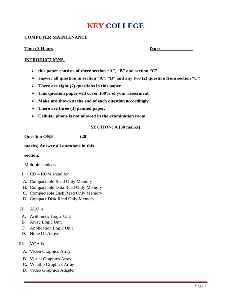 College Computer Maintenance Exam Guide | PDF | Computer Data Storage ...