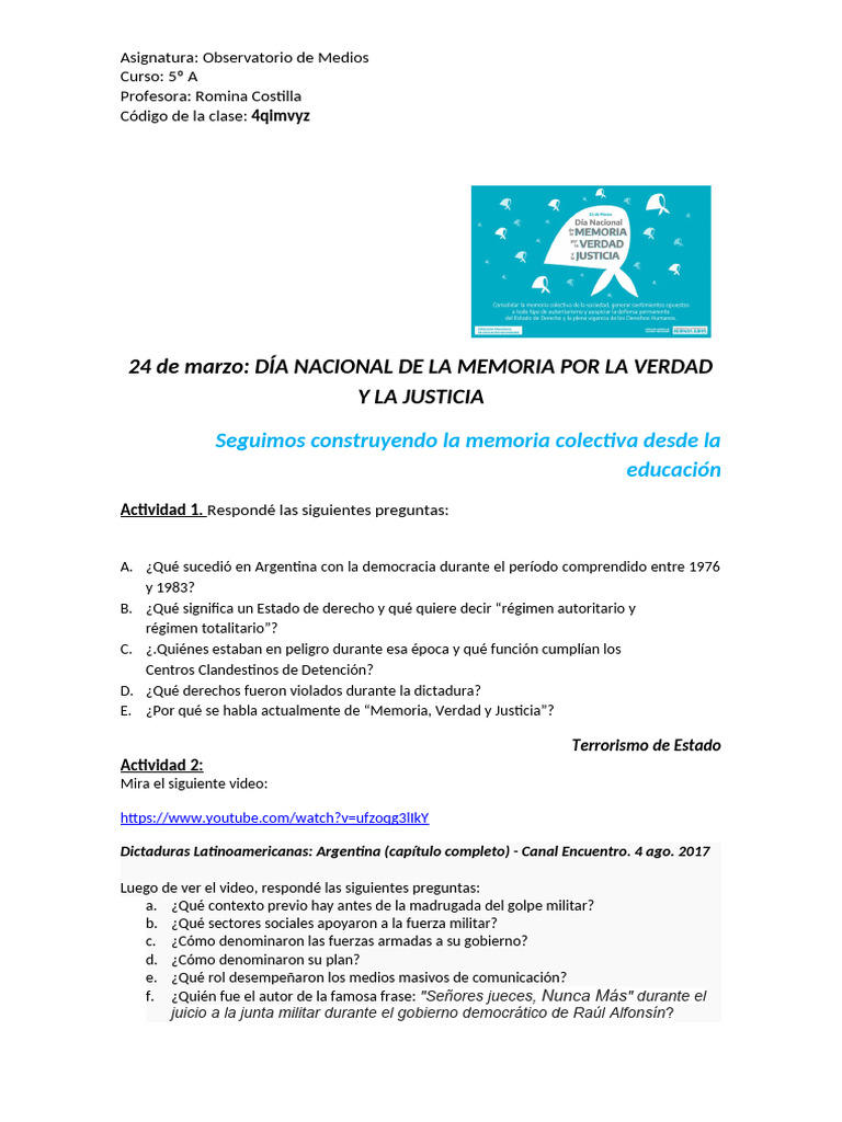 Actividad Por El Día de La Memoria Por La Verdad y La Justicia | PDF ...