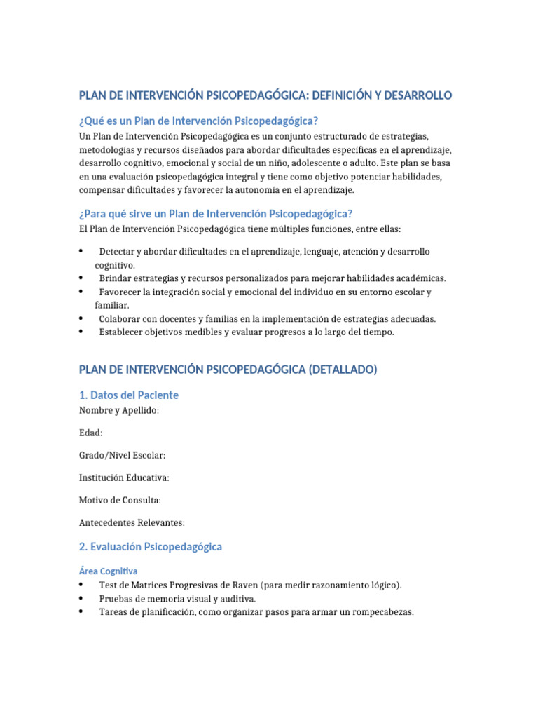 Plan de Intervención Psicopedagógica | PDF | Neurociencia ...