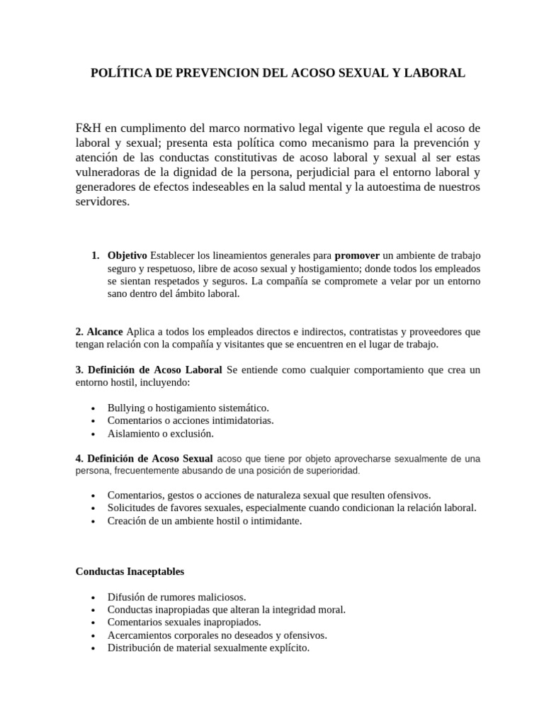 Política de Prevención de Acoso Laboral y Sexual | PDF | Acoso sexual ...