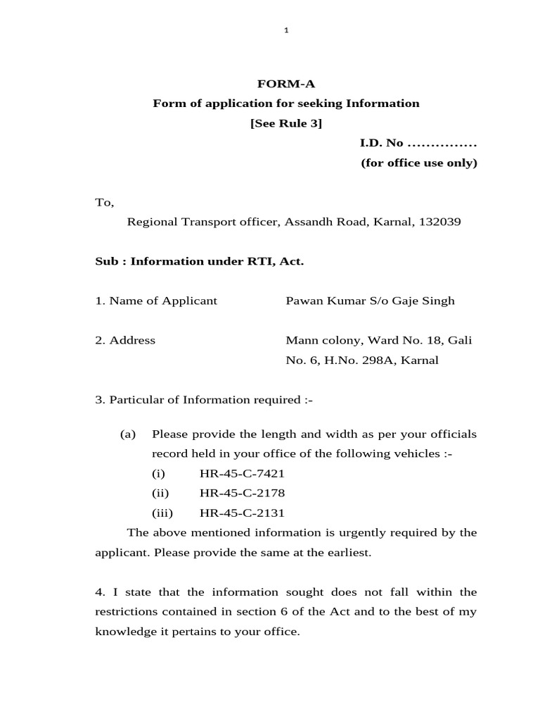 RTI Application for Vehicle Dimensions | PDF