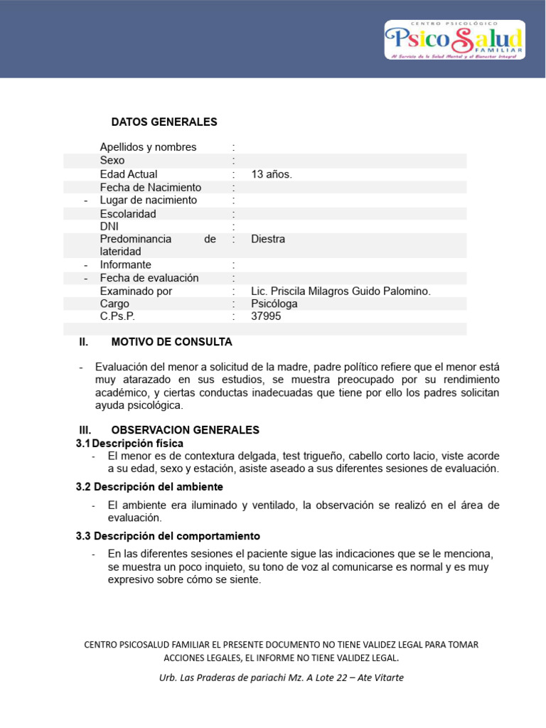 Informe Psicológico de Evaluación Infantil | PDF | Las emociones ...