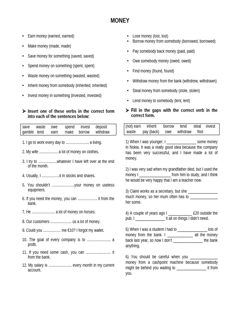 Money Vocabulary Exercises PDF | PDF | Money | Economies