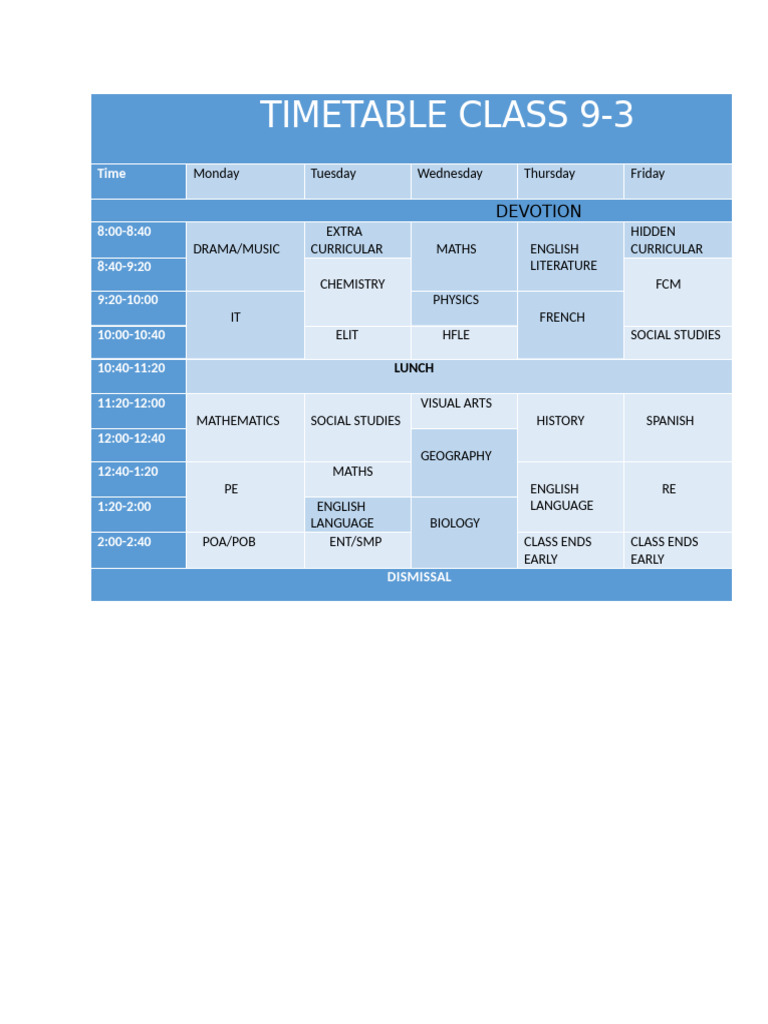 Class 9-3 Weekly Timetable | PDF