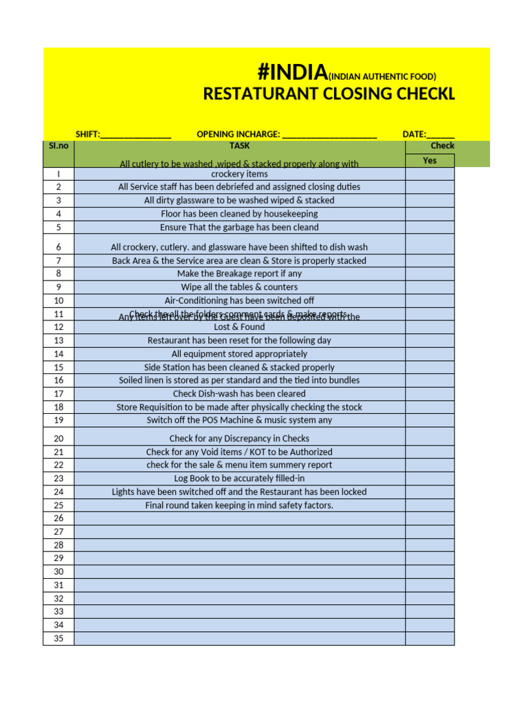 Restaurant Closing Checklist | PDF | Restaurants