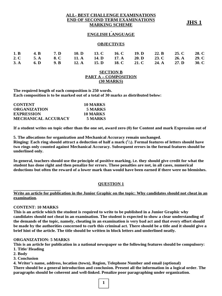 ENGLISH 1 Marking Scheme-1 | PDF | Verb | Linguistics