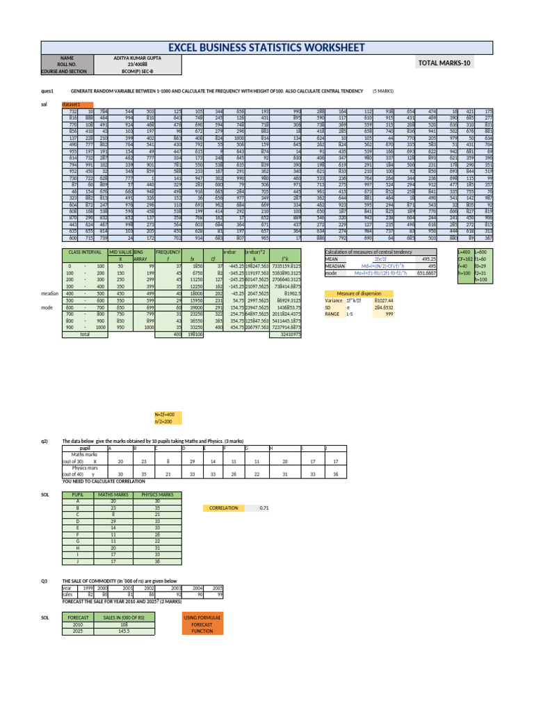 Excel Business Statistics Worksheet | PDF | Median | Descriptive Statistics