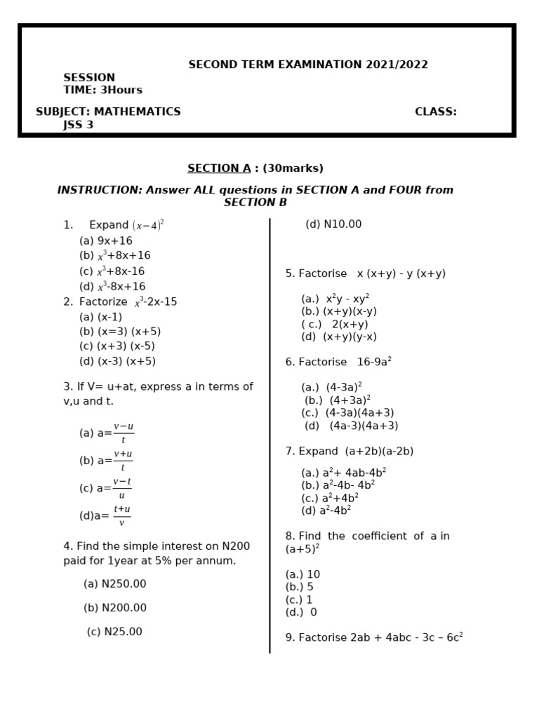 JSS 3 Mathematics Exam Questions | PDF | Factorization | Mathematics