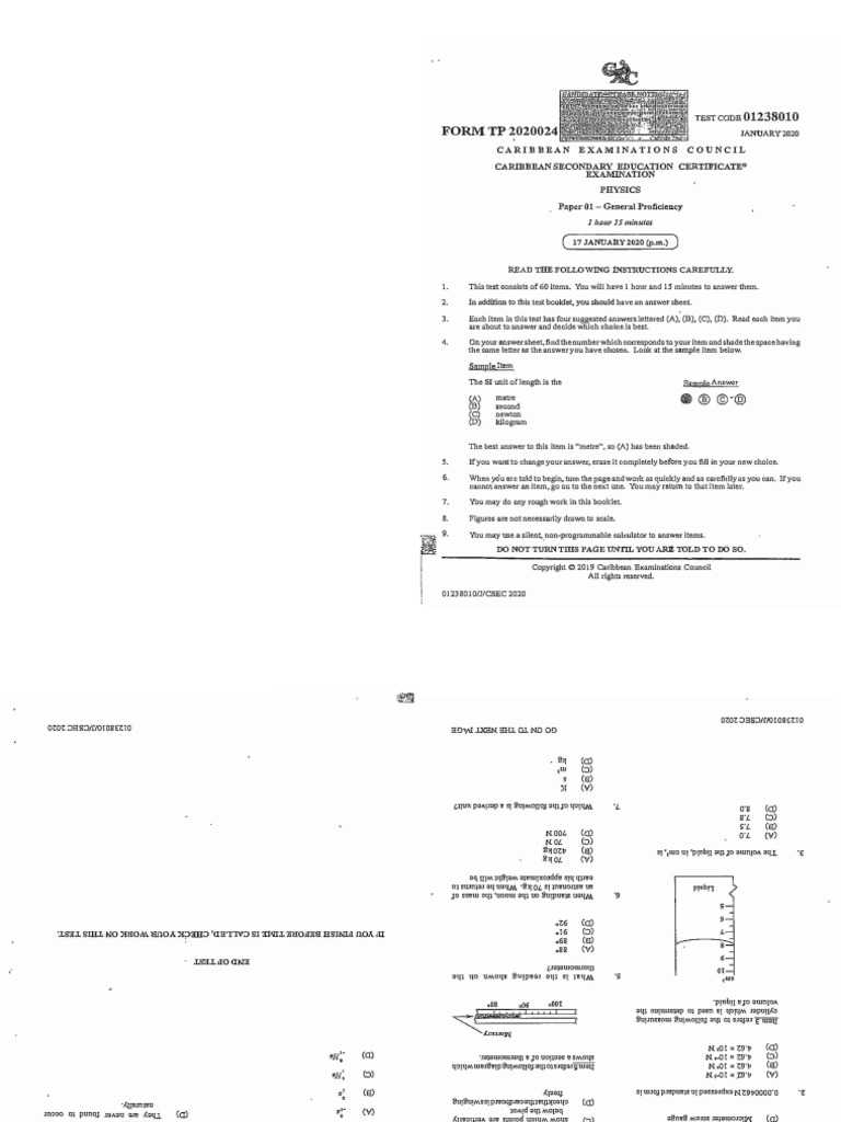 CSEC Physics January P1 2020 - Booklet | PDF | Metrology | Physics