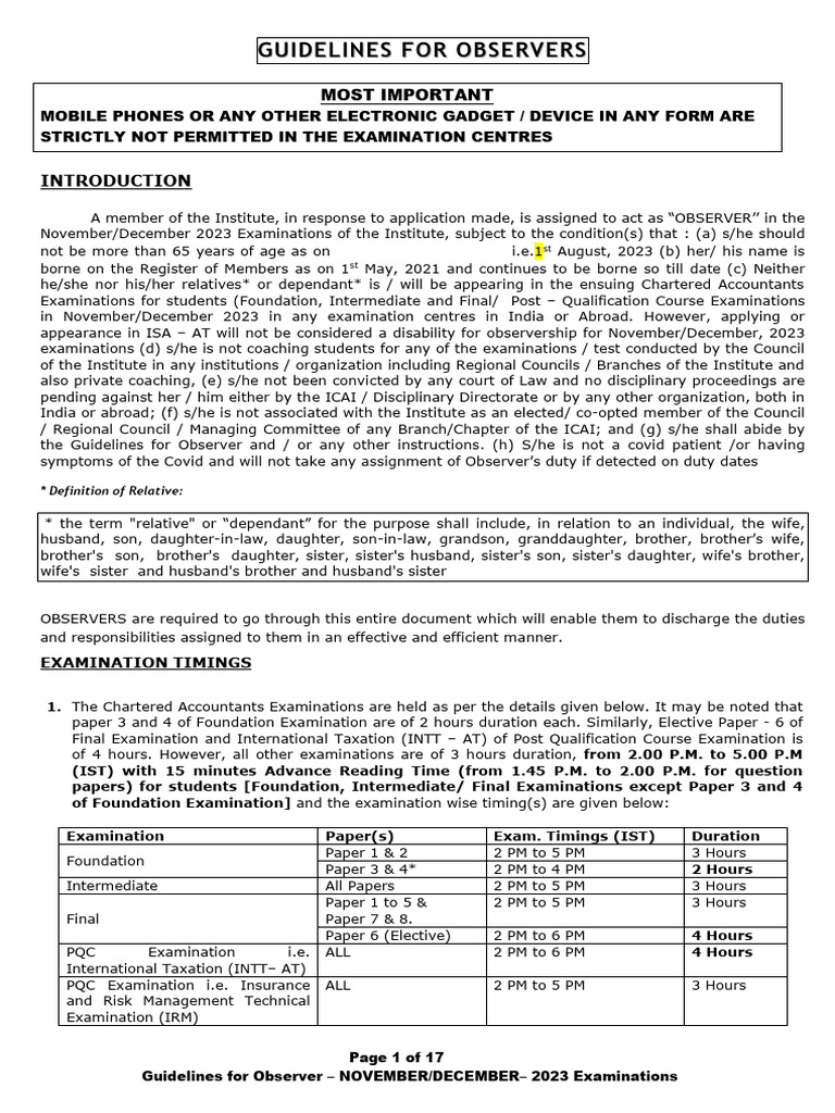 Observer Guidelines for ICAI Exams 2023 | PDF | Identity Document ...