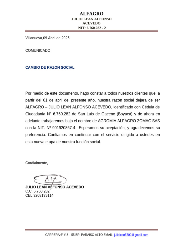 Cambio de Razón Social de Alfagro | PDF