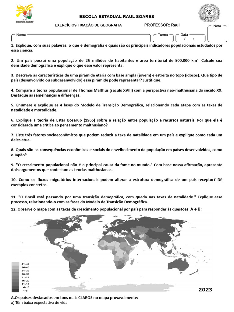 Exercícios sobre Demografia e População | PDF | Demografia | Envelhecimento