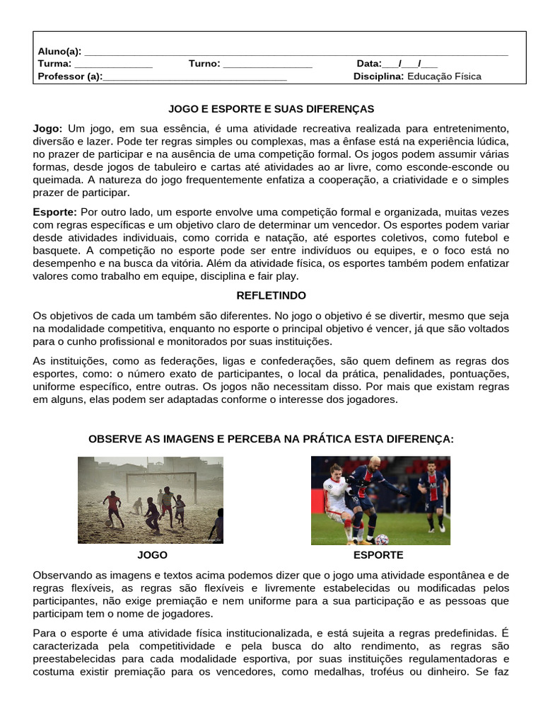 Diferenças entre Jogo e Esporte | PDF | Esportes