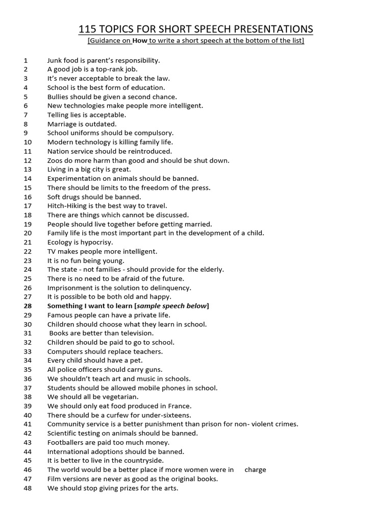 115 Speech Topics with example (1) | PDF