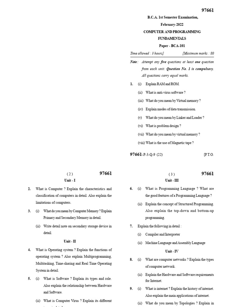 BCA 1st Semester Exam Papers 2022 | PDF | Computer Data Storage ...