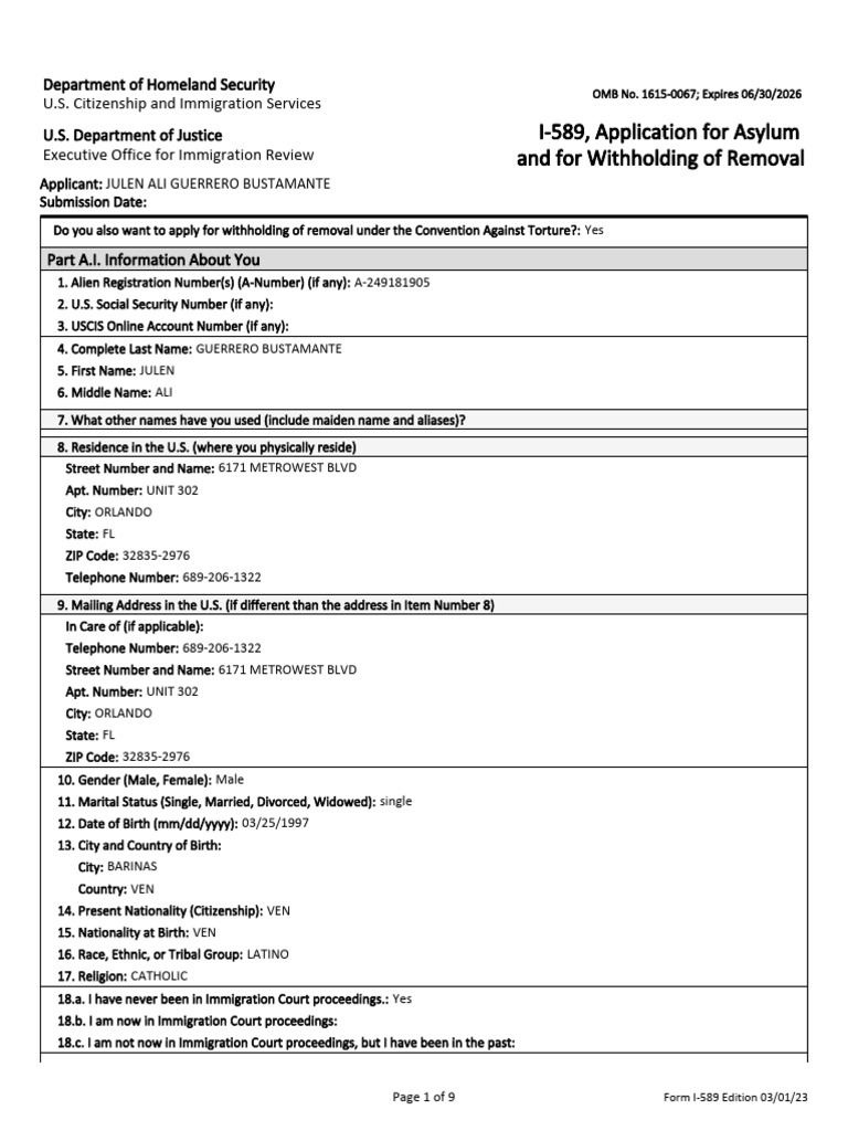 I-589 Asylum Application Details | PDF | Affidavit | Perjury