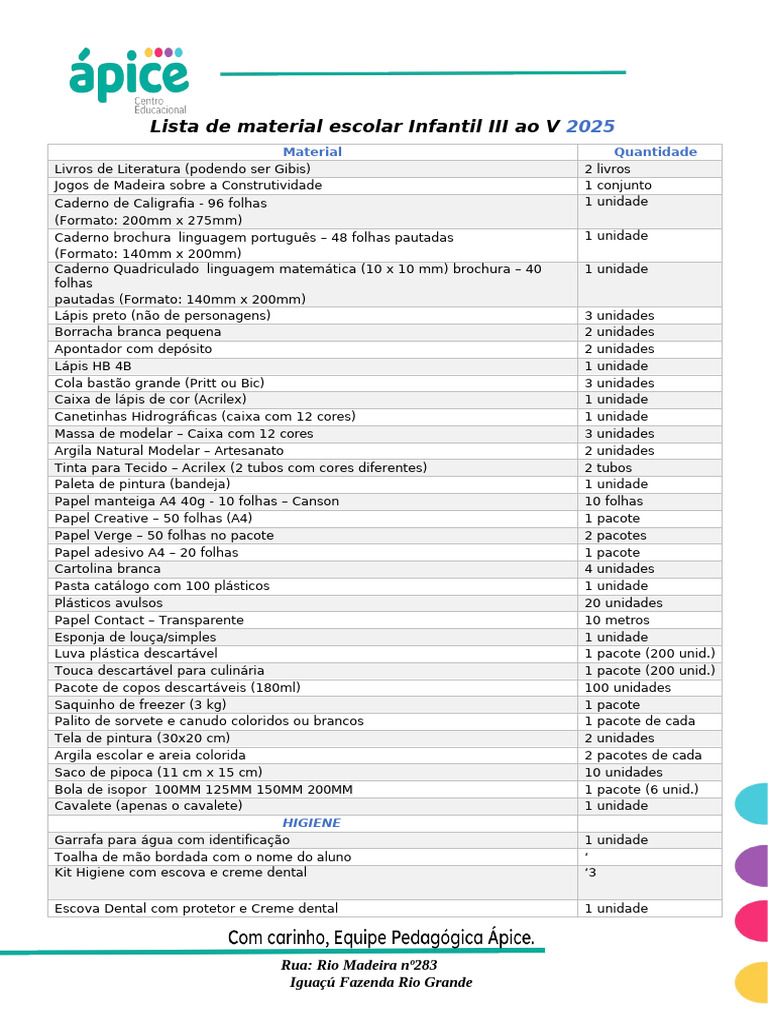 Lista de Material Escolar Infantil 2025 | PDF