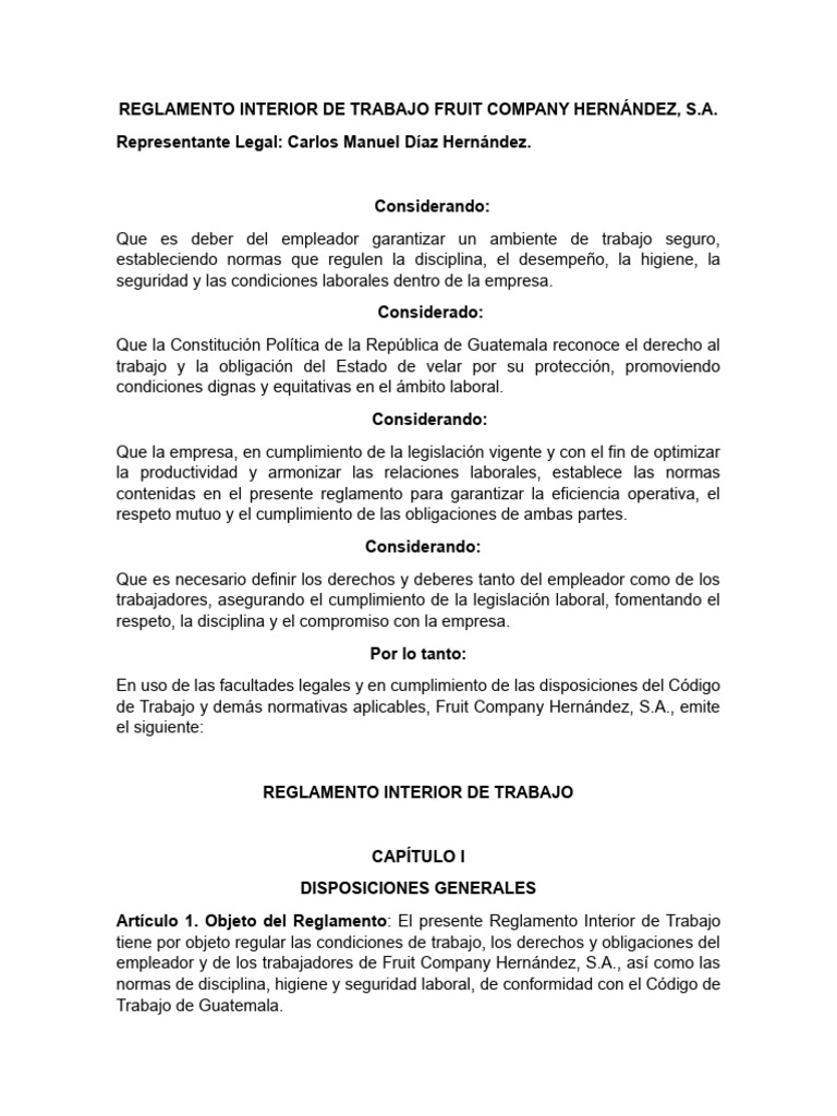 Reglamento Interior de Trabajo Fruit Company | PDF | Derecho laboral ...