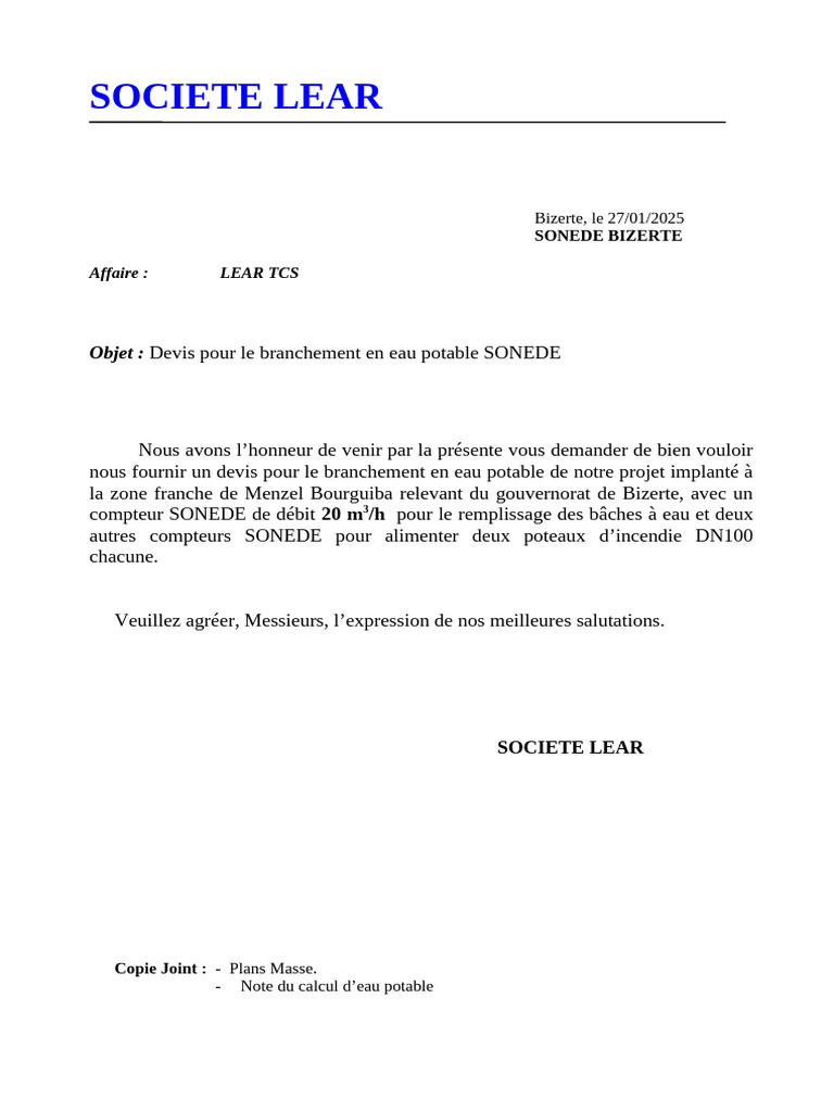 Devis Branchement Eau SONEDE LEAR TCS | PDF | Hydrologie | Plomberie