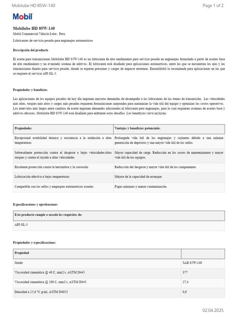 Mobilube-HD-85W-140 | PDF | Lubricante | Engranaje