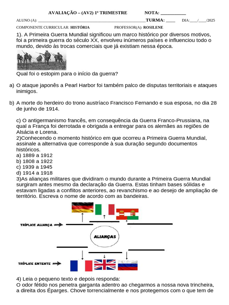 Atividade Adaptada: Primeira Guerra Mundial | PDF | Primeira Guerra ...