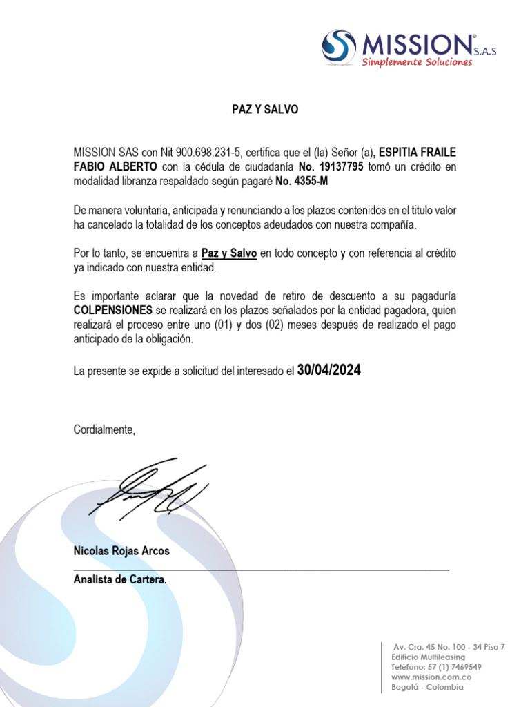 Certificado de Paz y Salvo - Mission SAS | PDF