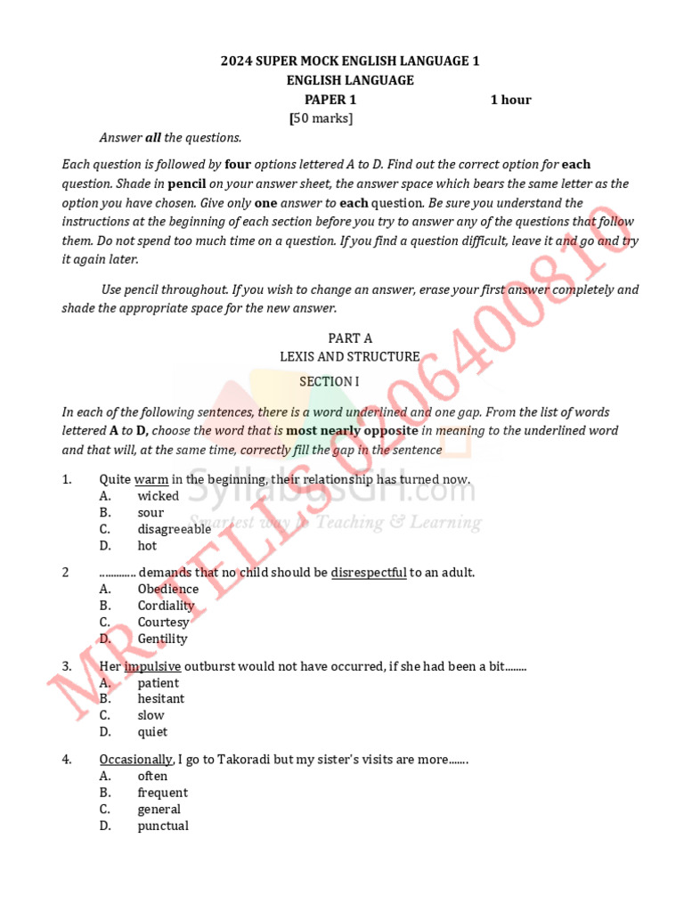 2024 English Language Mock Exam Paper 1 | PDF | Estella (Great ...