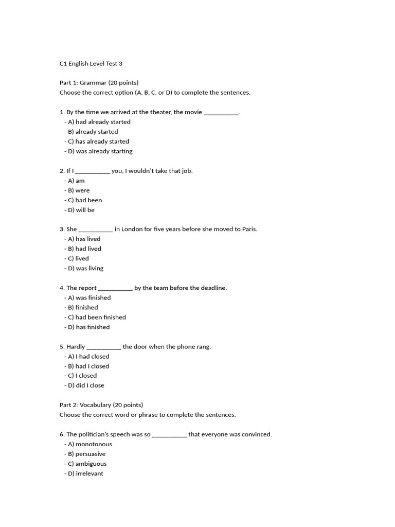 C1 English Level Test Overview | PDF | Human Communication | Cognitive ...
