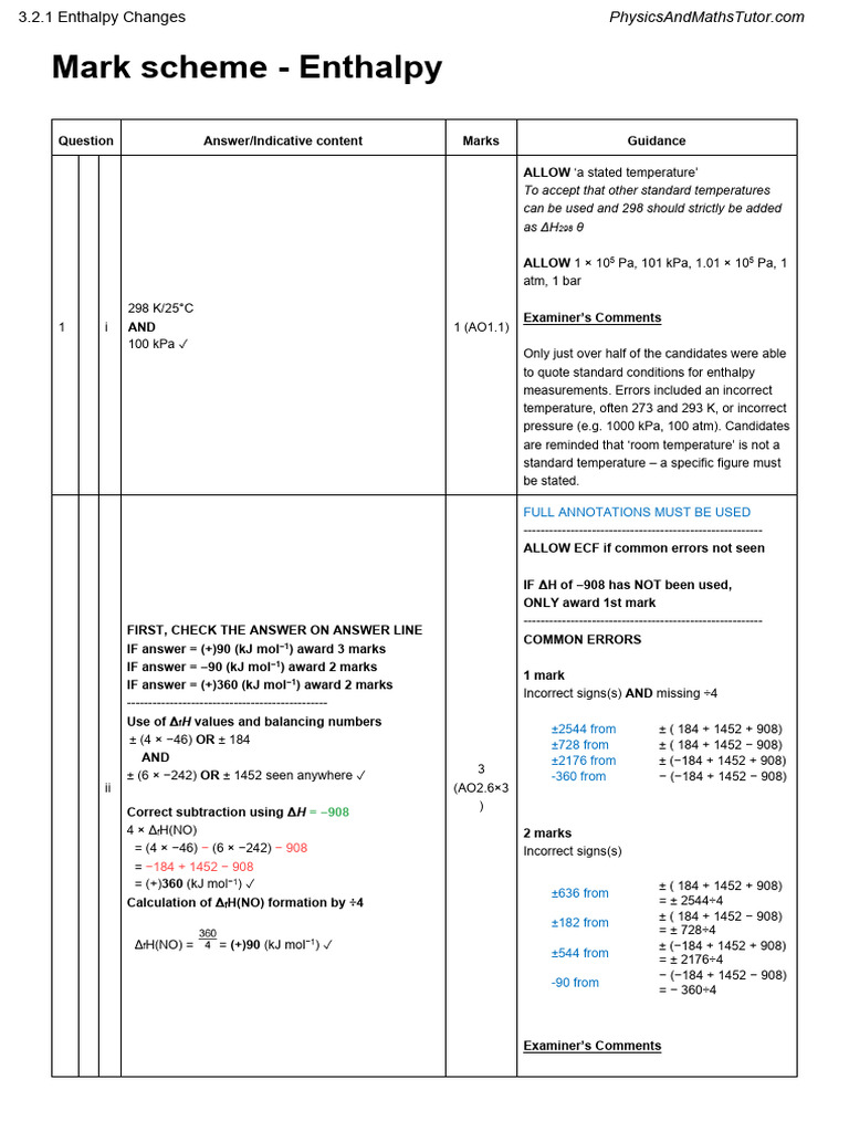 Enthalpy Changes Mark Scheme Analysis | PDF | Subtraction | Physical ...
