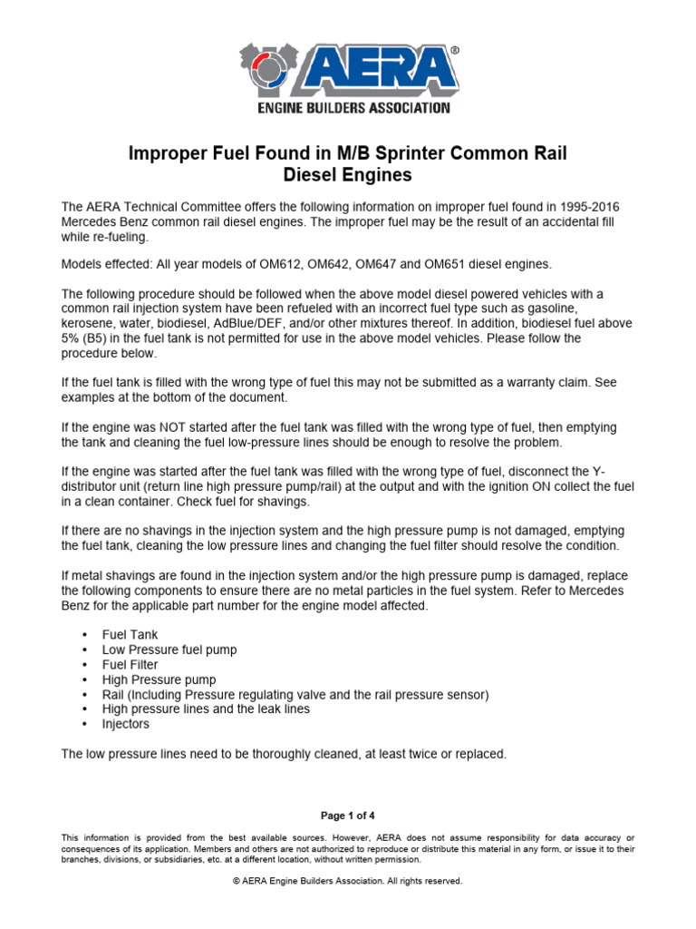 Sprinter Improper Fuel Procedures OM612, OM642, OM647, OM651 | PDF ...