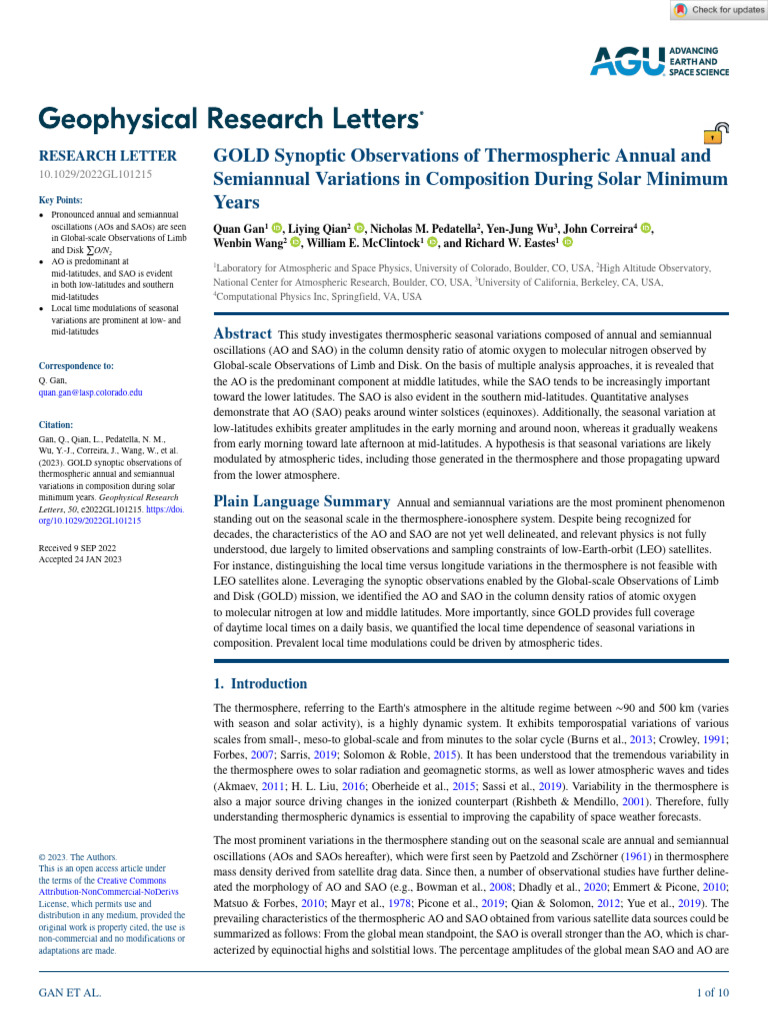 Geophysical Research Letters - 2023 - Gan - GOLD Synoptic Observations ...