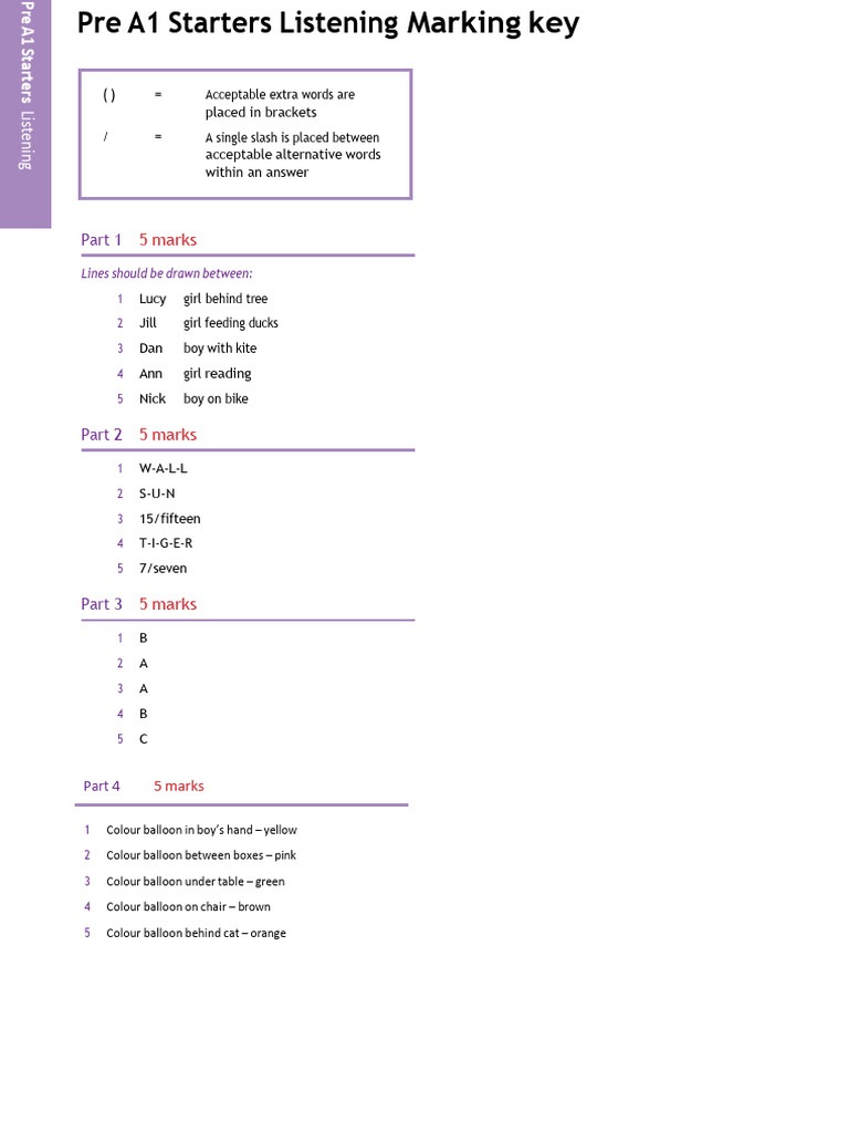 Pre A1 Starters Listening Key | PDF | Spider