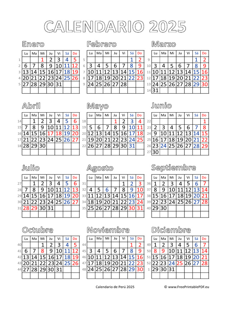Calendario Perú 2025 con Feriados | PDF